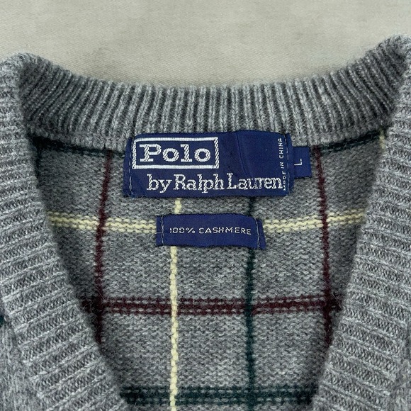 Vintage Polo Ralph Lauren Cashmere Sweater Vest Men's Large RRL Gray Plaid 90s - Picture 4 of 10